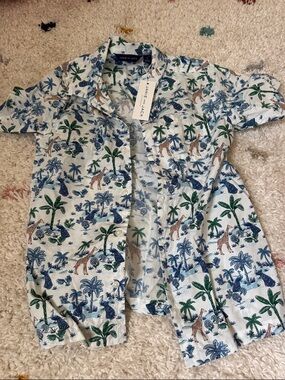 Janie and Jack White Button-Down Shirt with Blue, Green & Tan Safari Print